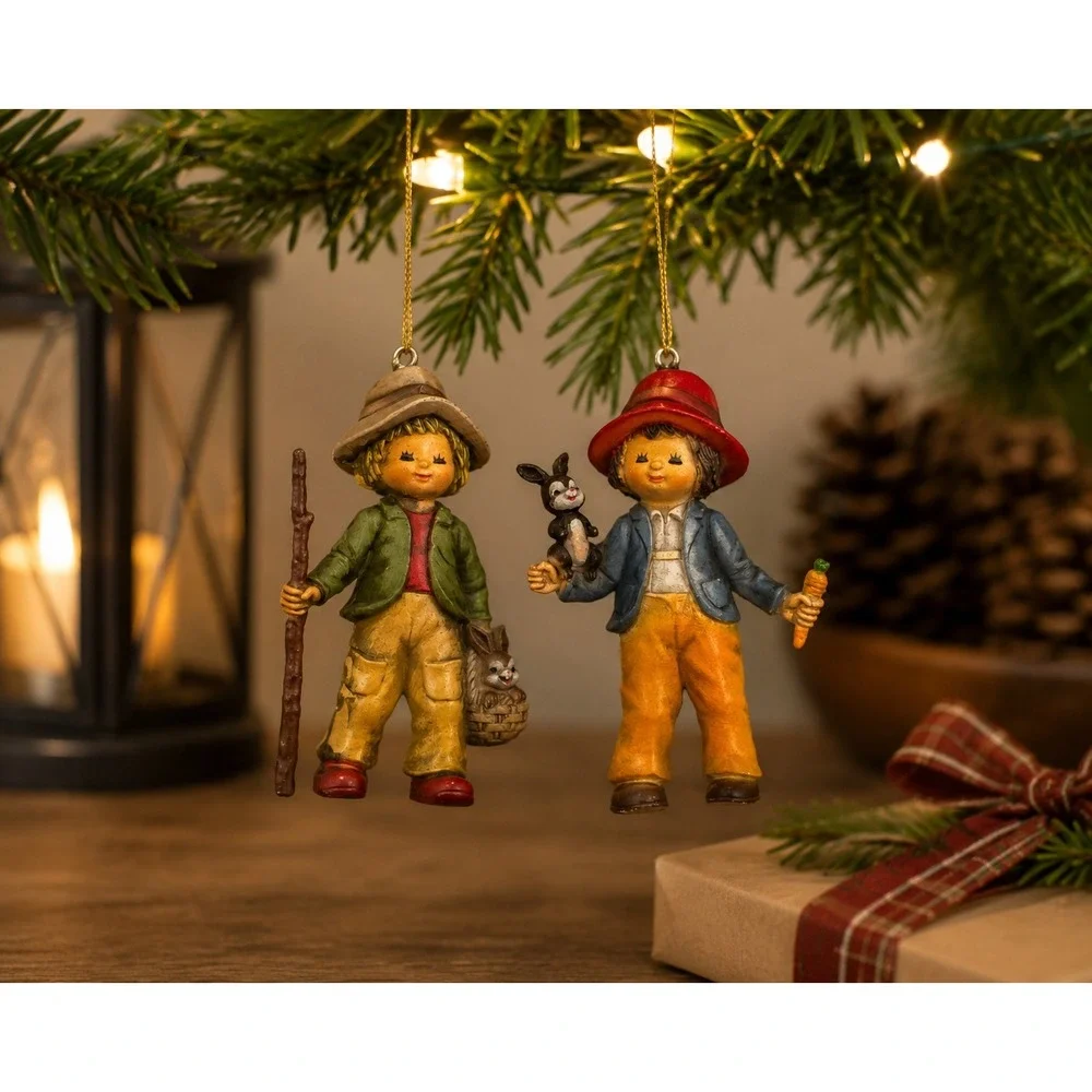 Vintage Hong Kong Boy Girl Rabbit Figurines Set 2 Hanging Ornaments Mid‎ Century